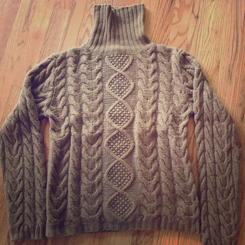 Camel color cable knit cashmere turtleneck sweater
